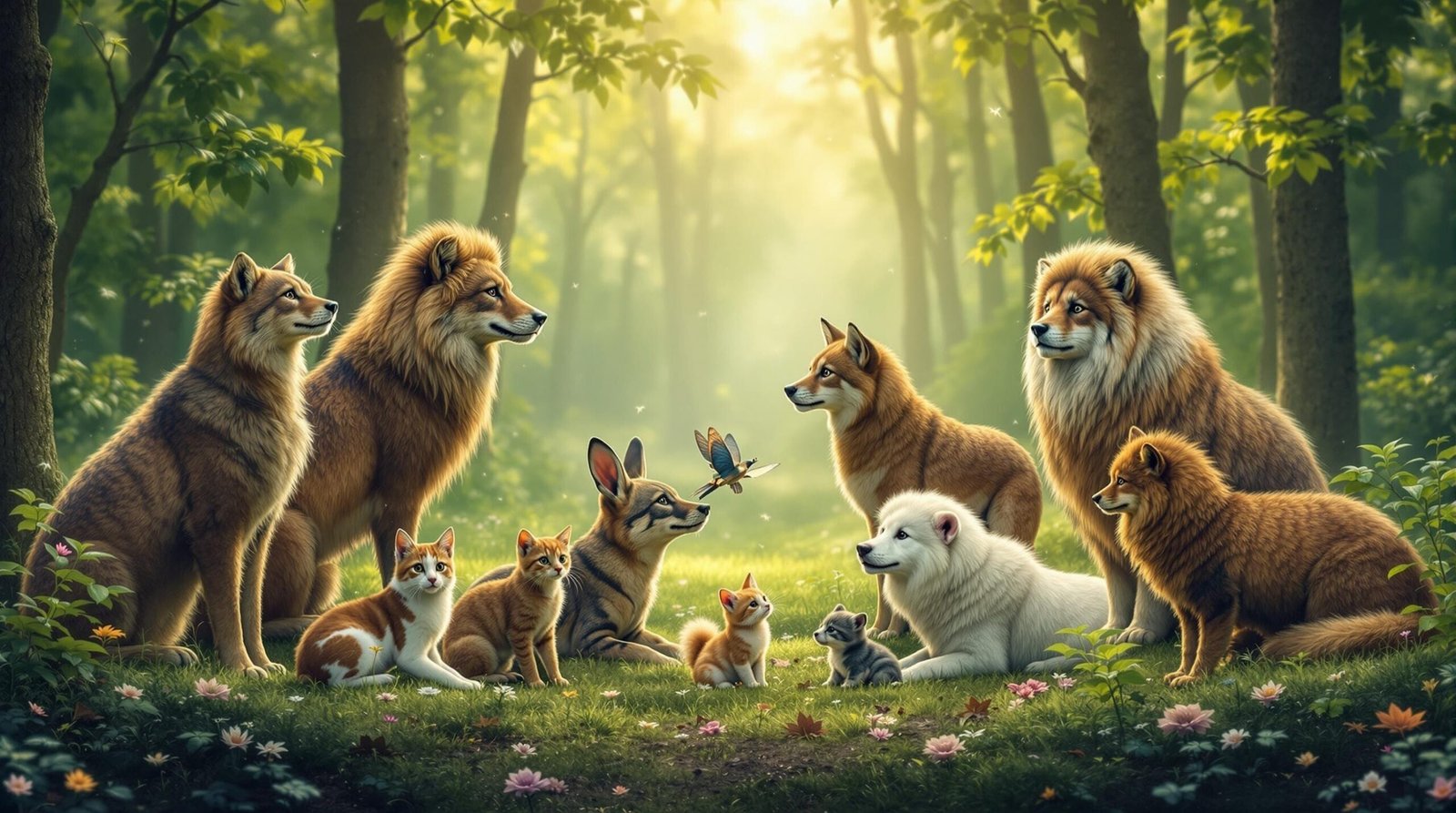 A group of spirit animals including lions, foxes, and butterflies in a mystical forest setting