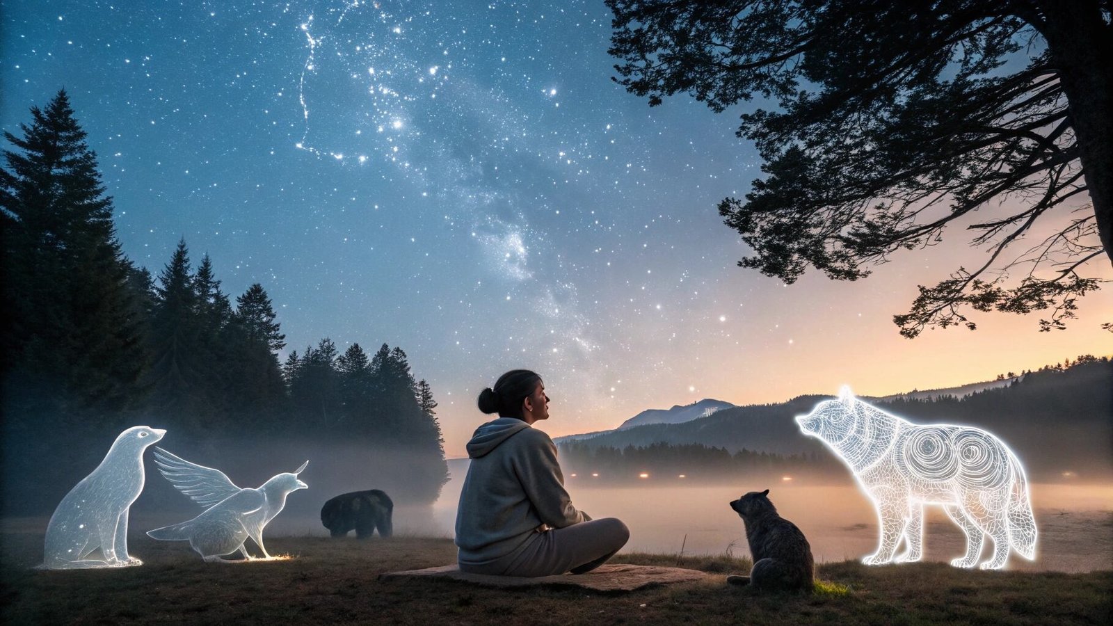 A person meditating under the stars with glowing spirit animals like a wolf and bird appearing nearby