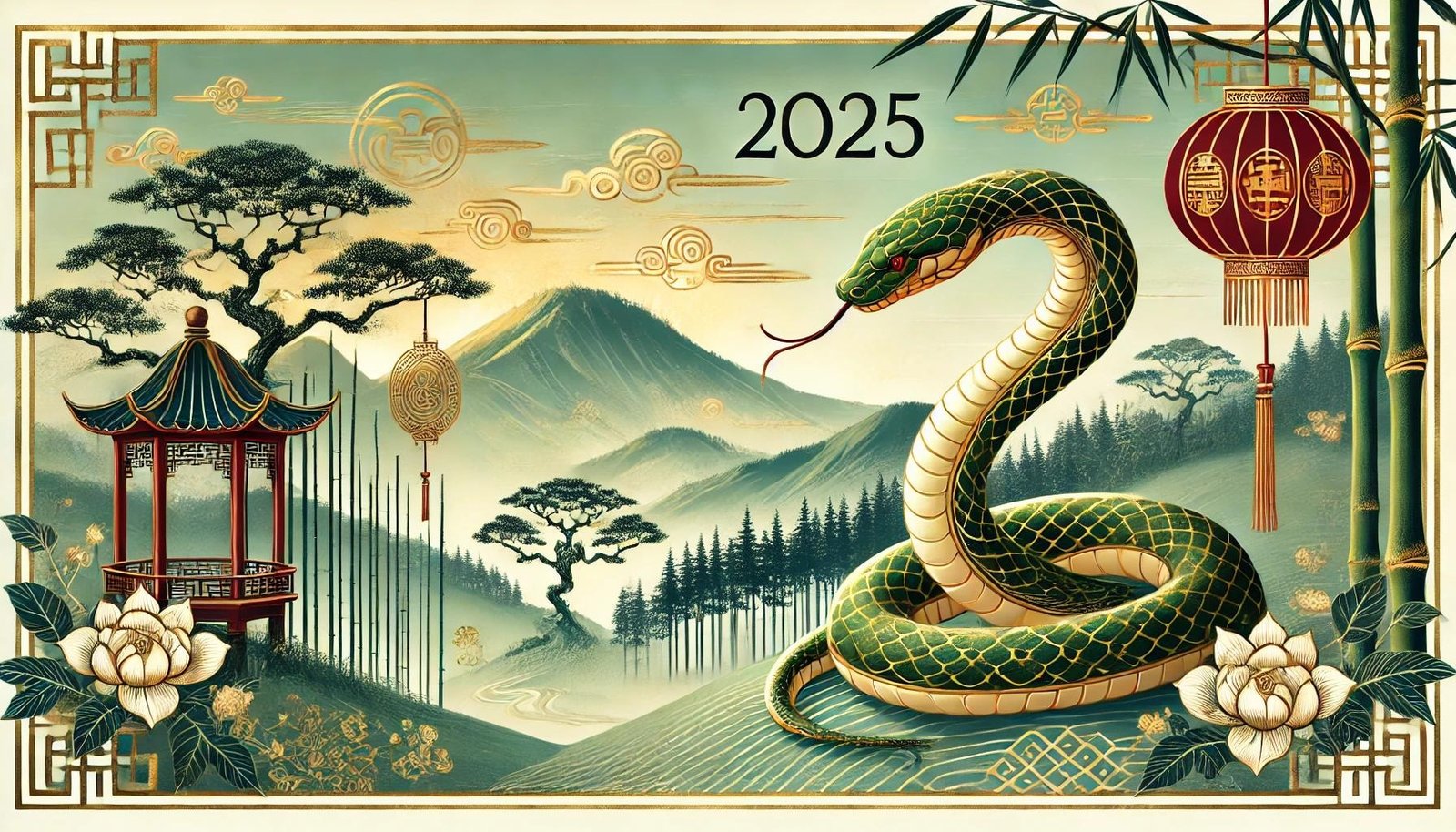 The Year of the Snake 2025 with a green and gold snake and Chinese cultural elements.