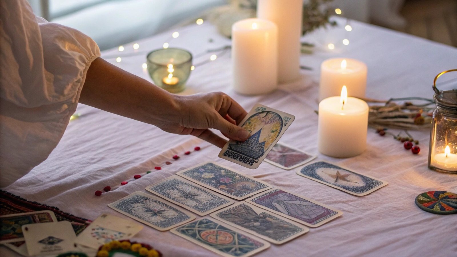 A tarot card spread for yes or no tarot cards reading on a table