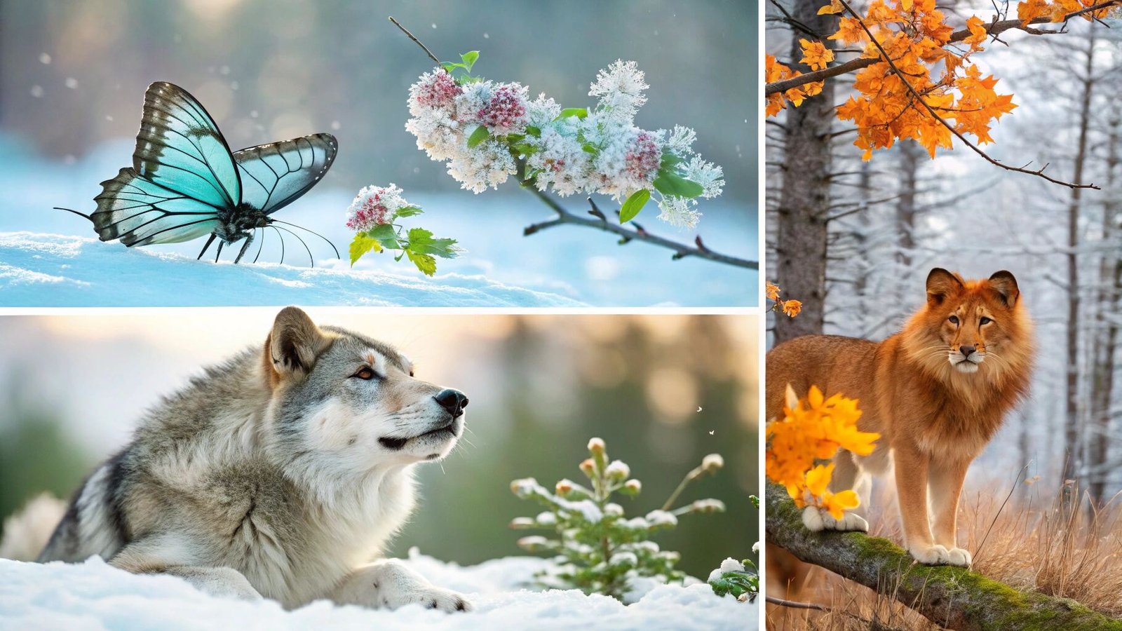  collage featuring a blue butterfly on snow, a wolf in a snowy landscape, blooming flowers, and a lion with autumn leaves, representing seasonal spirit animals.