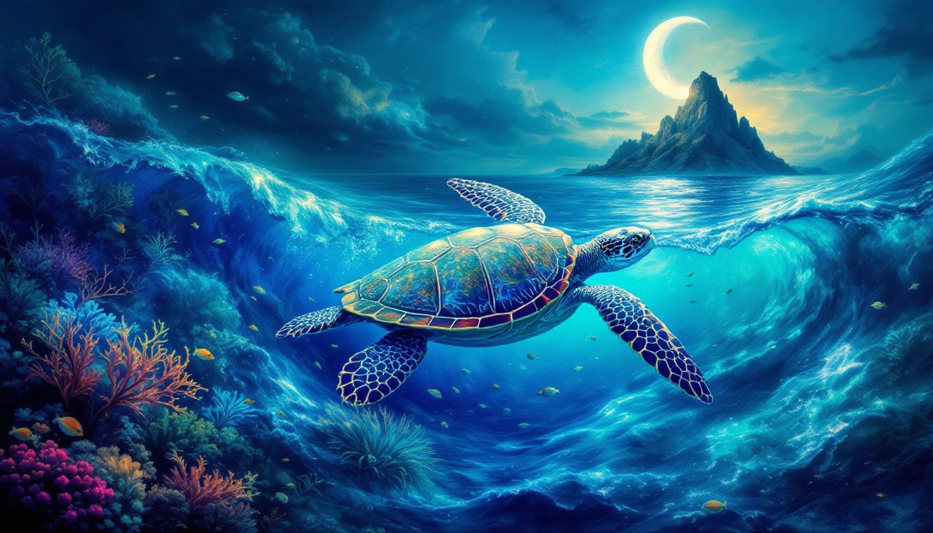 A dreamlike scene featuring a turtle swimming in the ocean, representing the meanings of turtle dreams.