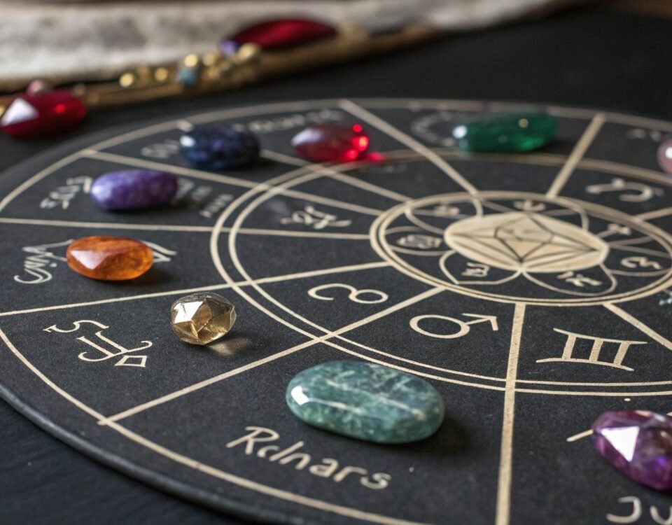 zodiac chart with vibrant luck stones placed on each astrological sign