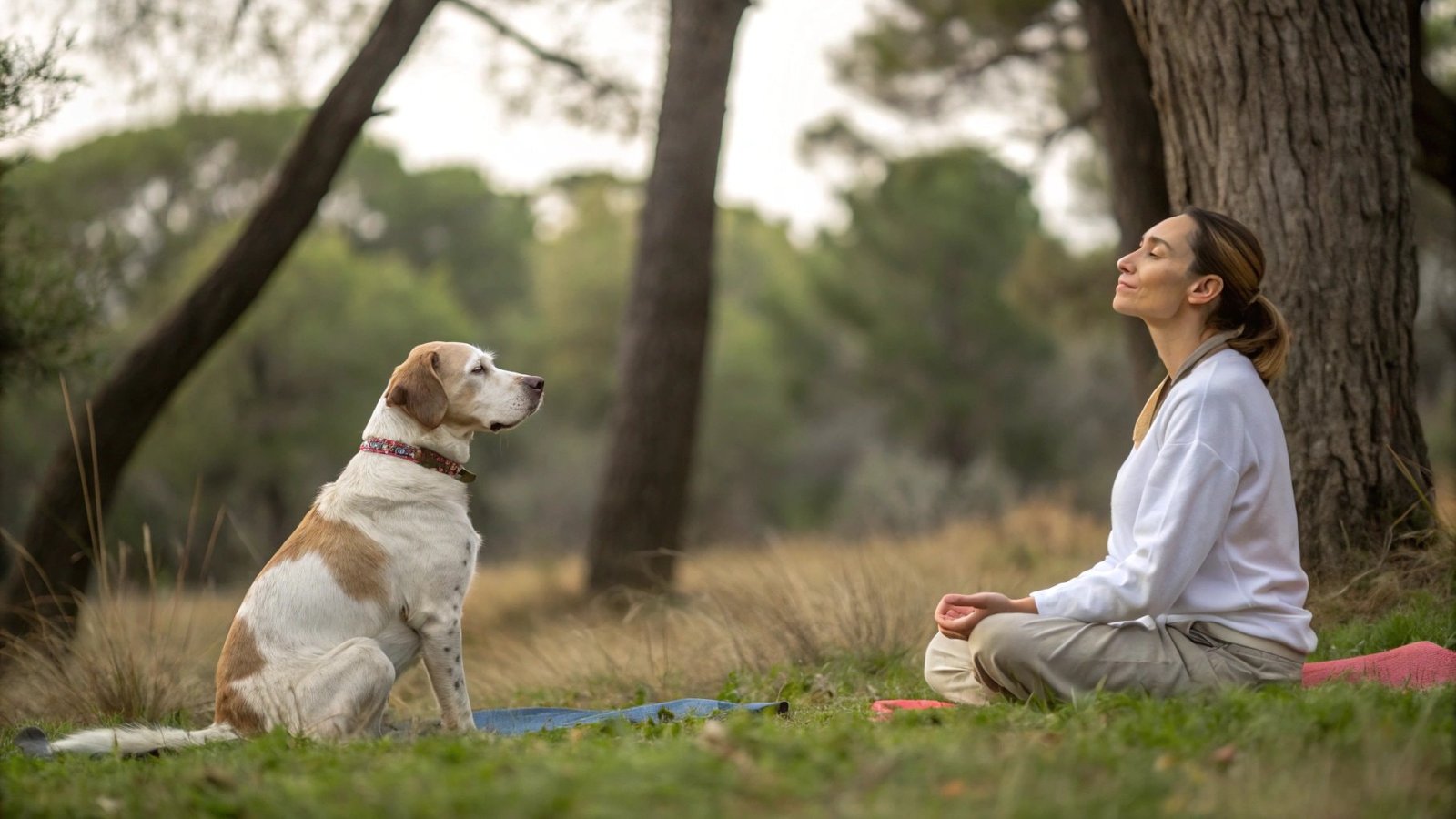 A woman meditating in nature with her dog spirit animal by her side